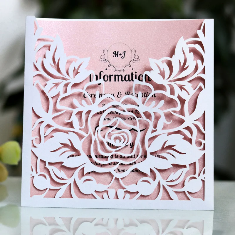 

10pcs Elegant Lace Pocket Wedding Invitations Card Square Laser Cut Rose Flower Greeting Card Event Festival Party Supplies