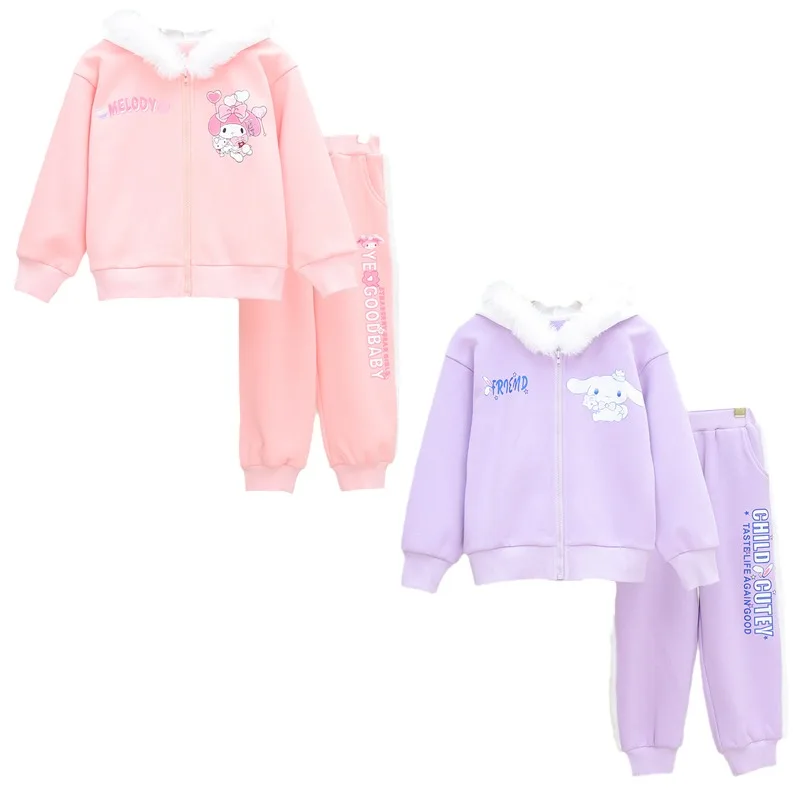 

Sanrios My Melody Cinnamoroll Printed Cute Plush Hat Sportswear Kawaii Fashion Girls Long Sleeve Zipper Hoodie Casual Pants
