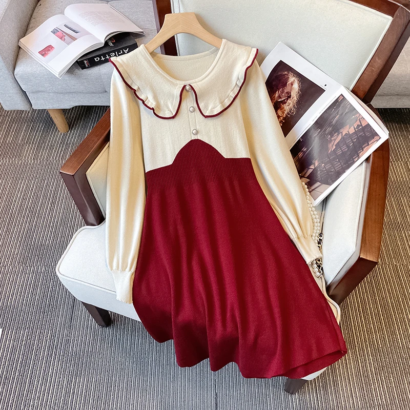 

Big Size New Women's Fashion Knitted Dress Autumn Casual Deep O-Neck Sexy Long Sleeve SlimPatchwork Color Dresses Robe