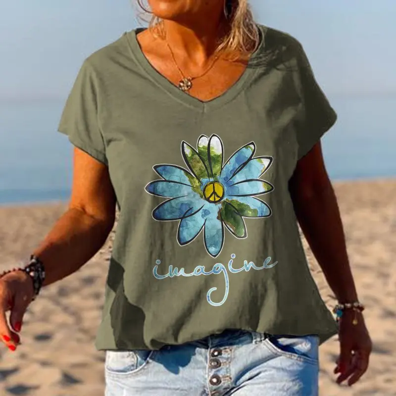 

Однотонные женские футболки Peace Flower с V-образным вырезом