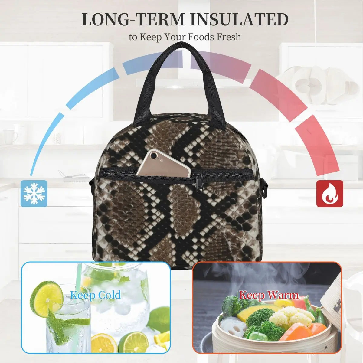 

Python Snakeskin Lunch Bag with Handle Faux Reticulated Animal Print Pearl Cotton Cooler Bag Cute Carry Beach Thermal Bag