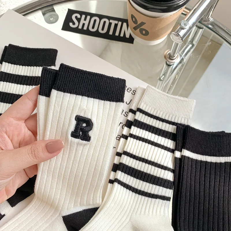 5Pairs Casual Black White Striped Women Socks Simple Letter Embroidery Middle Tube Socks Hip Hop Skateboard Breathable Sock