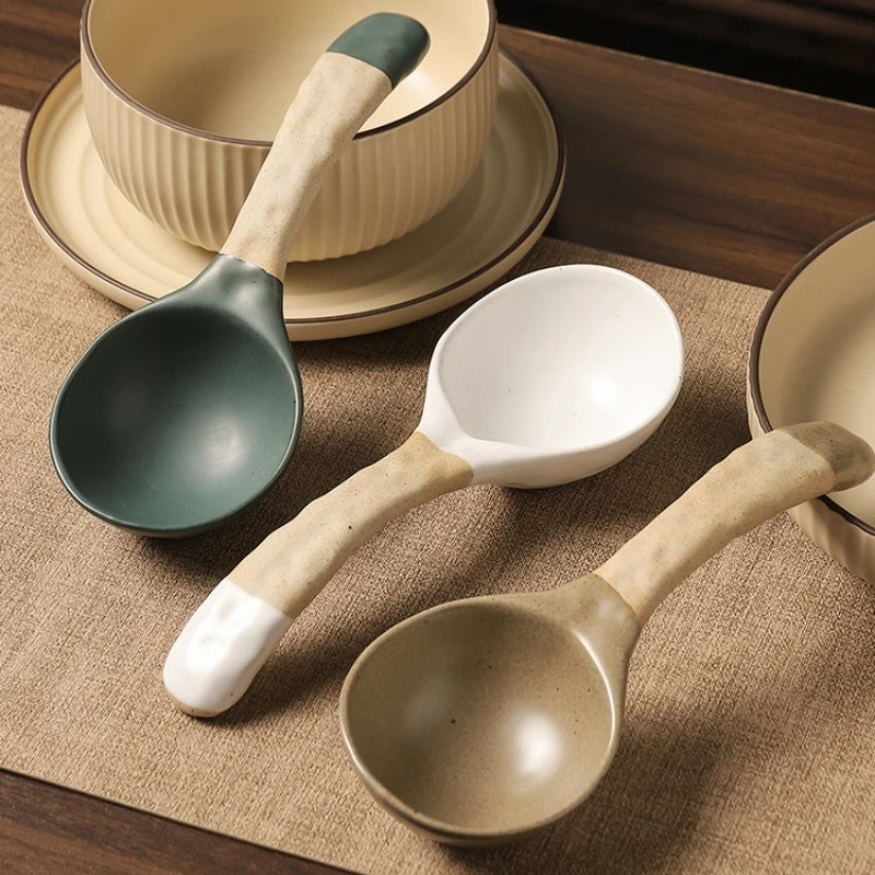 

Japanese retro ceramic large soup spoon household long handle soup porridge spoon drinking soup spoon high value