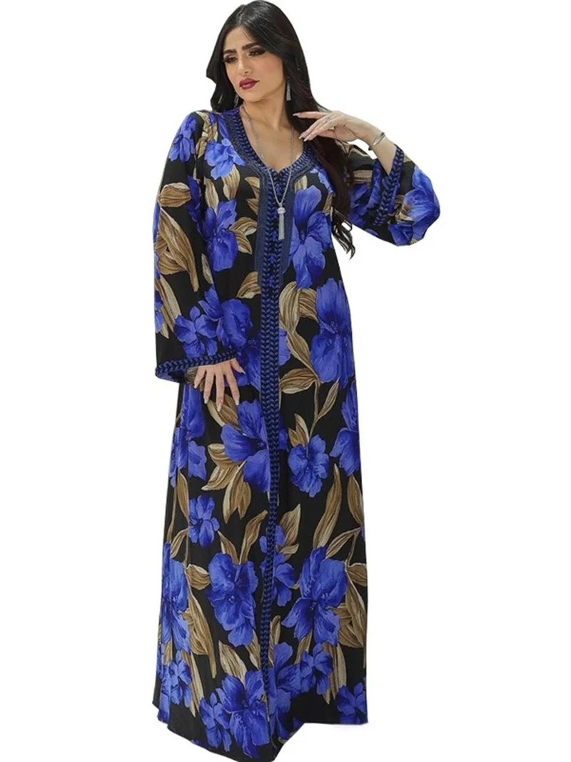 Jalabiya Muslim Dress Women Embroidery V Neck Full Sleeve Robes Spring Autumn Floral Print Islam Abayas Muslim Party Long Dress