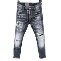 2022new italian original jeans strong wear hole patch paint dot hip hop slim fit elastic pants mid waist soft multi color