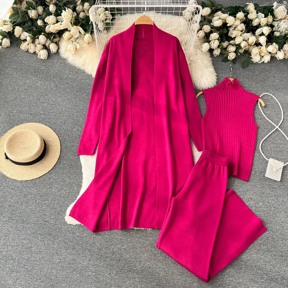 3Pcs/set Knitted Women Long Sleeve Cardigans+Turtleneck Knit Tank Top+Warm Long Pant Sets Winter Autumn Women Clothing