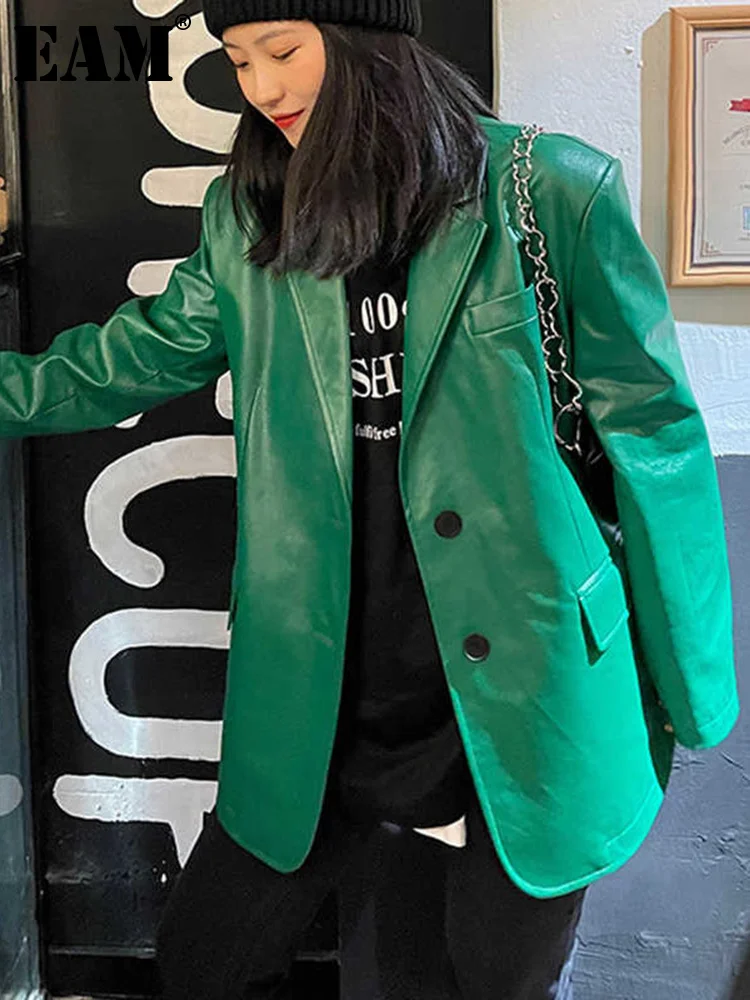 

[EAM] Women Black Big Size PU Leather Blazer New Lapel Long Sleeve Loose Fit Jacket Fashion Tide Spring Autumn 2022 1DD6444