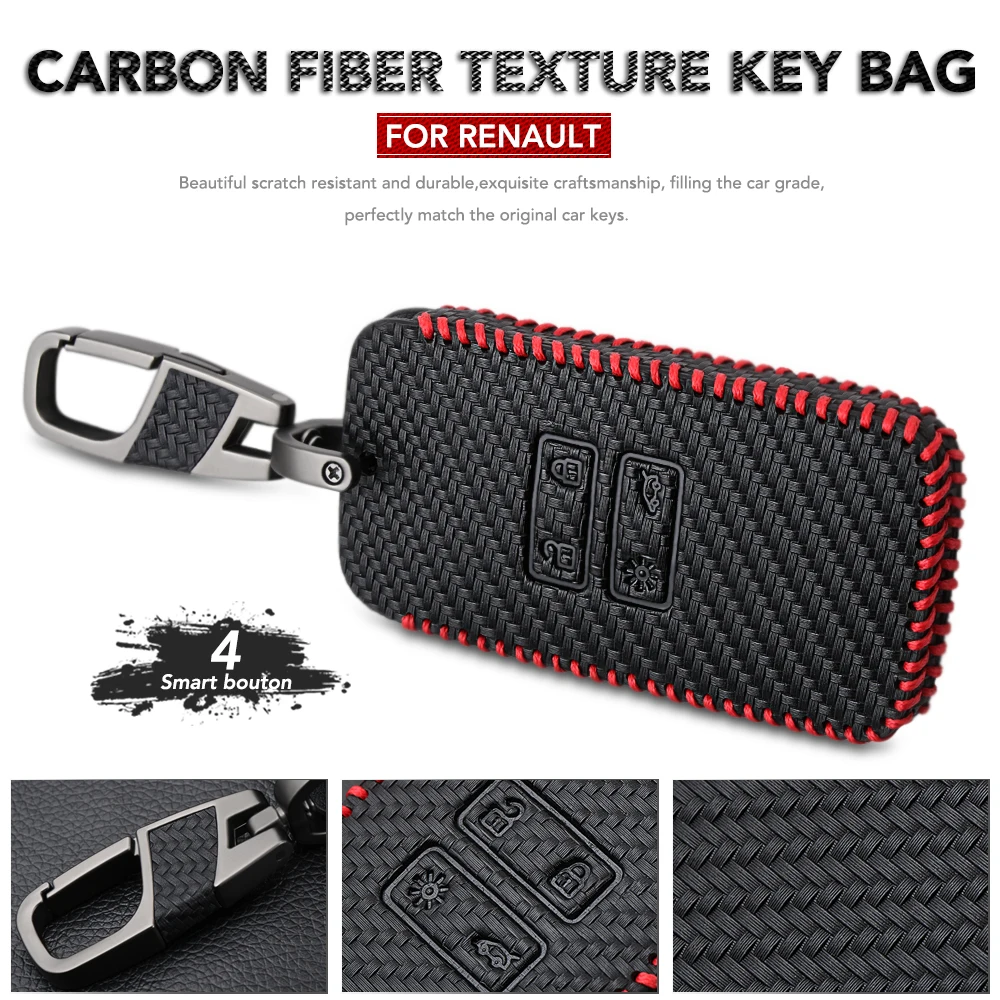 

Carbon Fiber Style Leather Car Key Case for Dacia Logan Duster Cover Remote Fob For Renault Megane Koleos Kadjar Clio Captur