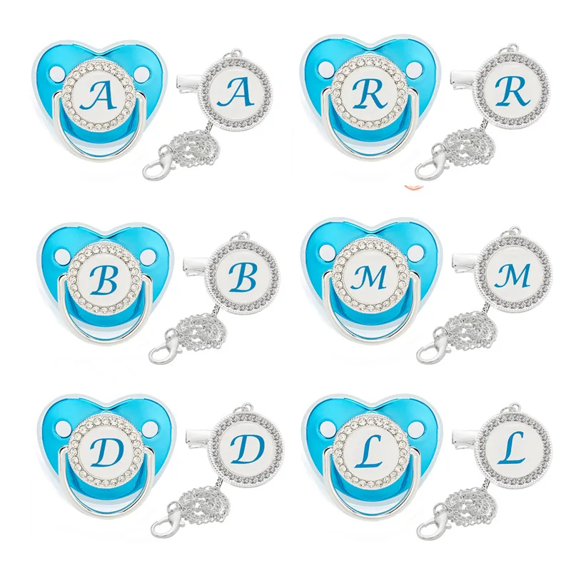 

Name Initial Letter Baby Pacifier Clip Blue Bling Pacifiers Chain Holder BPA Free Silicone Soother Nipple Dummy Baby Shower Gift