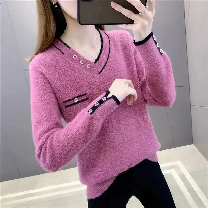 

Women Clothing Office Lady Buttons Knitting V-neck Long Sleeve Pullovers Winter Korean Loose Sweater Ladies Fashion Top Tee