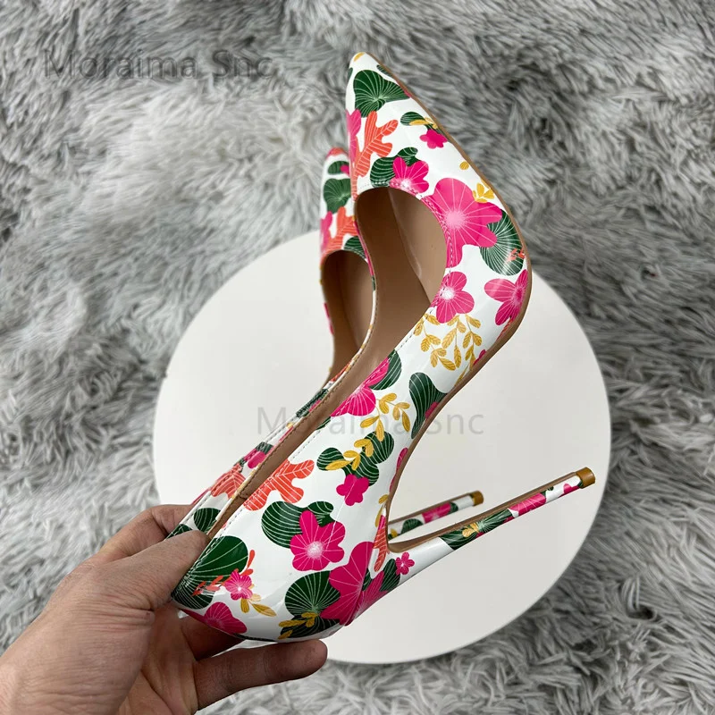 Print Super High Heels Shoes for Women Pumps Flowers Pointed Toe Shallow Stiletto Wedding Party Shoes Bride Female Spring