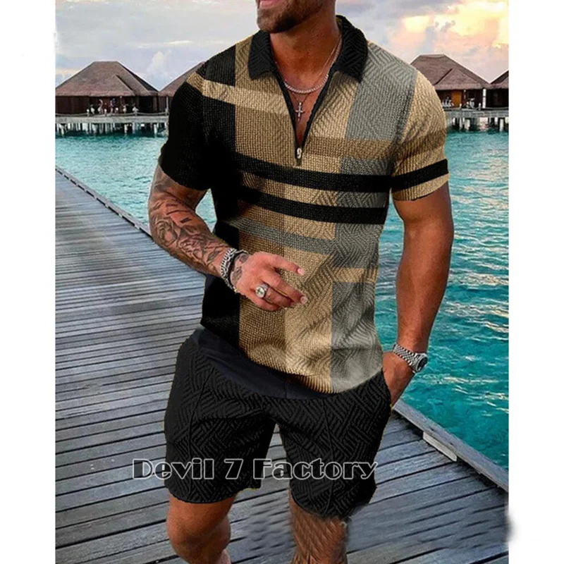 Men's Polo Shirts Shorts 2 Piece Sets 3D Print Short Sleeve T-Shirt Summer Tracksuit Suit Fashion Male Clothes Casual Streetwear