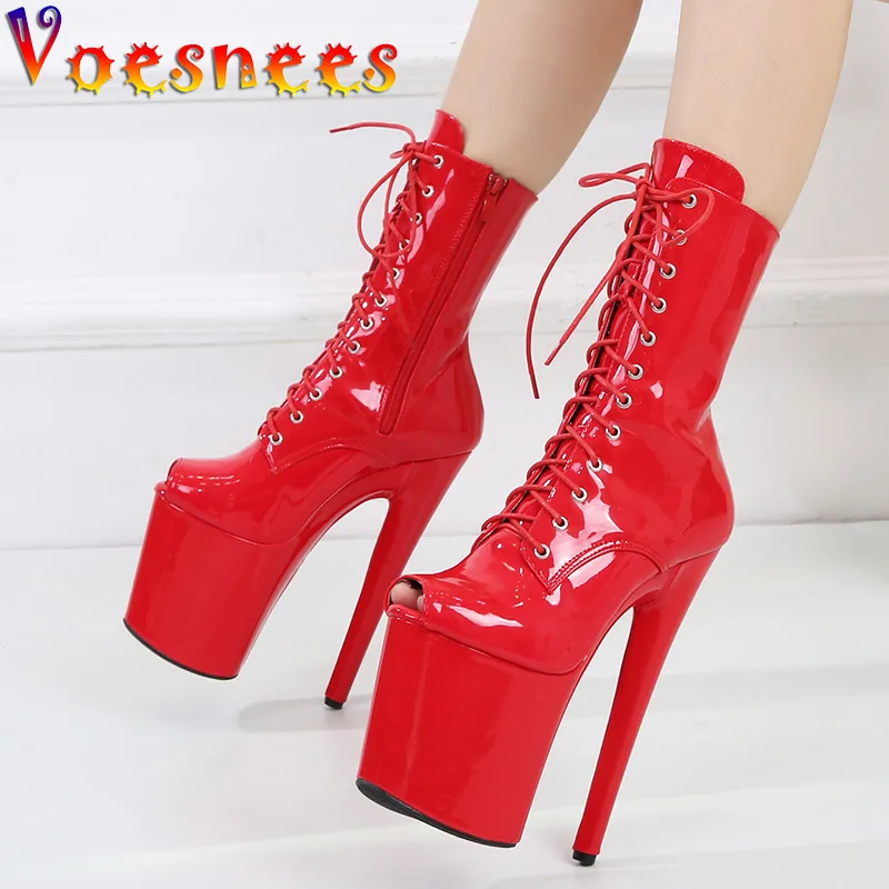 Zapatos de tacón alto de charol para mujer, botas cortas con cremallera y cordones rojos brillantes, con plataforma, a la moda