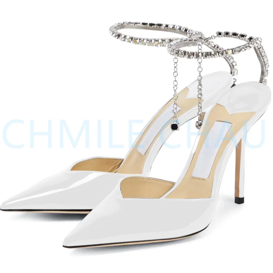 New Bridals Rhinestone Party Sandal for Woman Pointy Toe Crystal Ankle Chain Thin High Heel Shoes Sandalias De Mujer 34-CHC-26