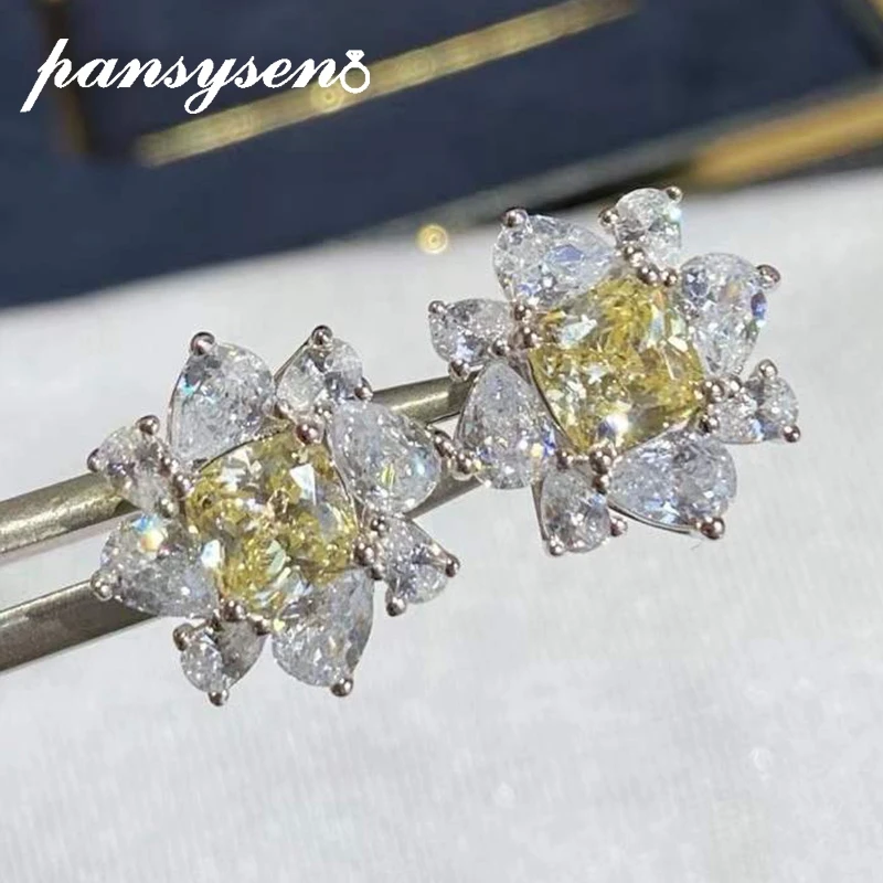 

PANSYSEN 100% 925 Sterling Silver Flower Simulated Moissanite Citrine Wedding Studs Earrings for Women Fine Jewelry Wholesale