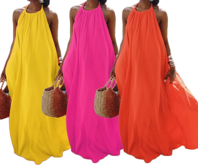 

2022 Summer New Women's Clothing Sleeveless Halter Sexy Backless Solid Color Dress Casual Party Elegant Long Dresses Female Lady