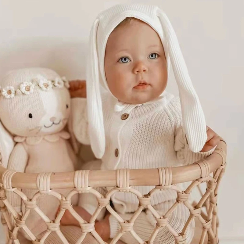 

Baby Rabbit Ear Hat with Tie Strap Waffle Elastic Cap Headdress Infant Girls Boys Costume Cosplay Props Accessory Gift