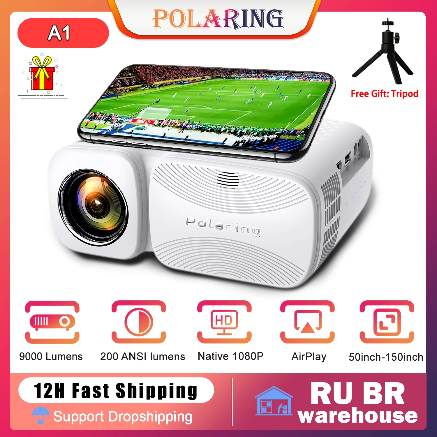 Polaring A1 Native Real 1080p HD 4K Mini projecteur vidéo projecteur home cinéma 200ansi 9000 lumens