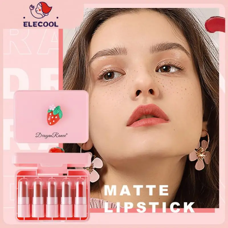 

Moisturizing Strawberry Cute Lipstick Waterproof Portable Mini Lipstick Sample Lipstick Gift Box 5pcs Set Velvet Matte Lipstick