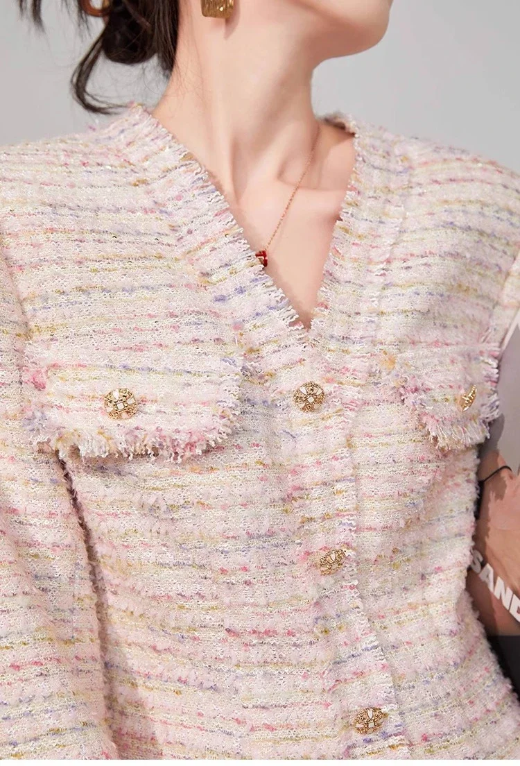 Женское твидовое платье с длинным рукавом розовое элегантное мини V-образным