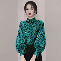2022 autumn hong kong style floral print women blouse and shirt retro long sleeve design green tops lantern sleeve