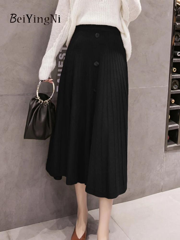 

Beiyingni High Waist Knitted A-line Skirts Women's Vintage Buttons Stylish Casual Solid Color Pleated Long Skirt Winter Faldas