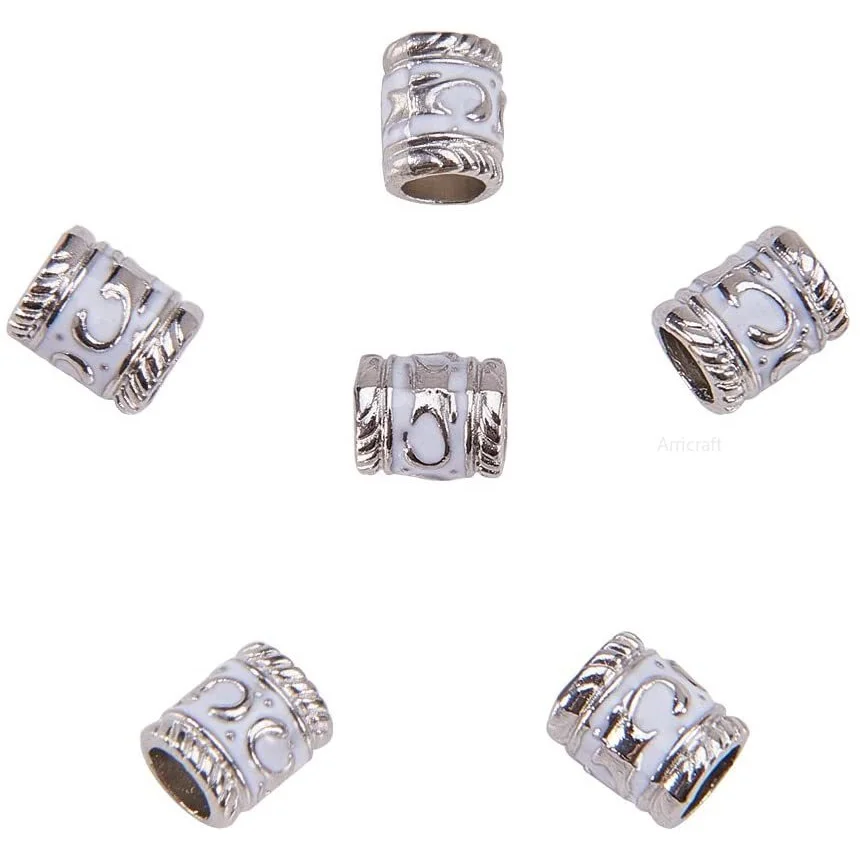 

100 Pcs Enamel Alloy European Beads Large Hole Column Beads Platinum Color White About 7mm Wide 8.5mm Long Hole: 5mm