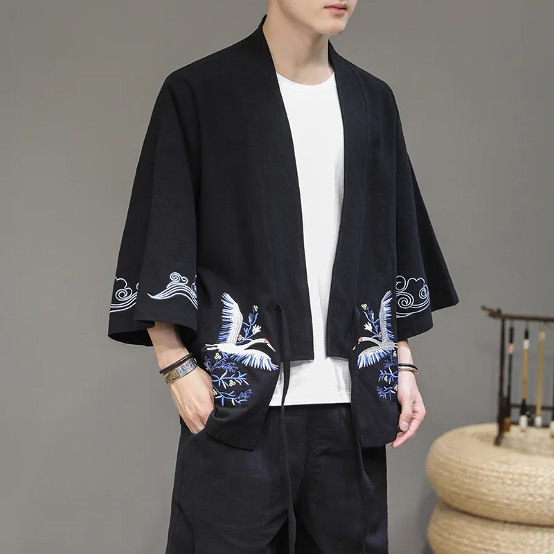 Chinese Men Cardigan Kimono Robe Spring Summer New Cotton Tao Robe Casual Hanfu Large Size 3XL-5XL Print Crane Coat