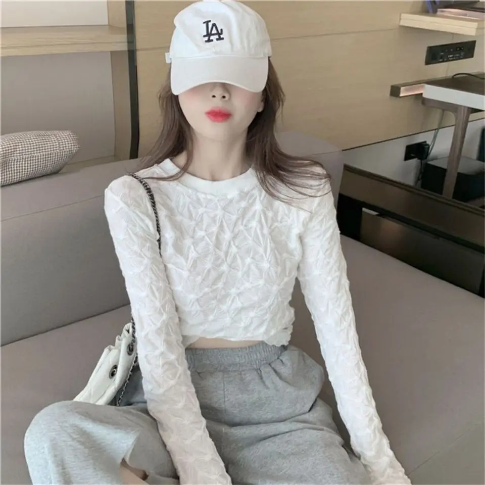 

Футболка женская с длинным рукавом, повседневный винтажный облегающий офисный пуловер со складками и круглым вырезом, однотонный топ, M332, на лето