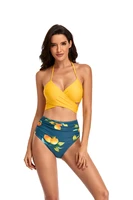 two pieces bikini digital print cross neck high waist split sexy swimsuit fashion summer women beach bathing clothes