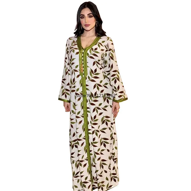 Muslim Fashion Abaya Summer Elegant Muslim Women Long Sleeve V-neck Polyester Printing Long Abaya Summer Dress African Dress