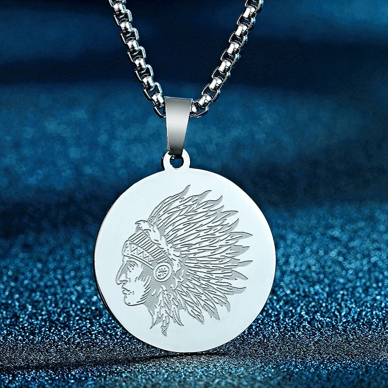 Stainless Steel Indian Warrior Pendant Necklace For Men Women Silver Native American Chef Medal Necklaces Gift