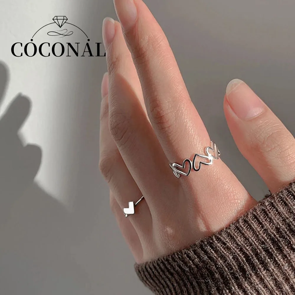

Coconal Women Silver Color Hollowed Heart Shape Open Ring Design Cute Fashion Love Jewelry Gift Adjustable Ring Birthday Party