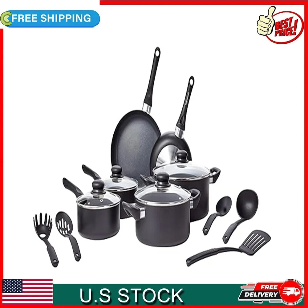 

Basics Non-Stick Cookware 15-Piece Set, Pots, Pans and Utensils, Black