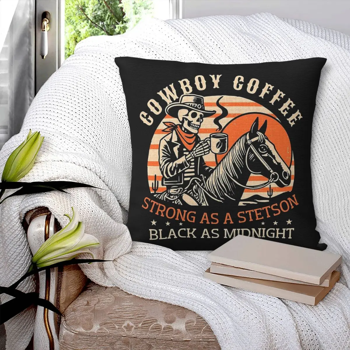Фото Наволочка для подушки Cowboy Coffee Stronger As Stetson Square, полиэстер, лен, бархат, с узором, на молнии, декоративная, для автомобиля, оптом №3