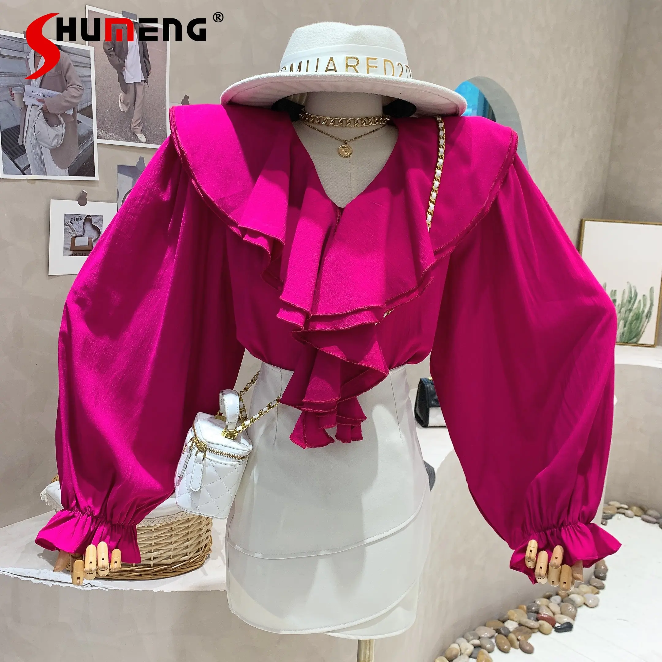 

Spring 2023 New Chiffon Shirt Long Sleeve Ruffled V-neck Fashion Tops Temperament Versatile Trendy Shirt Slimming Blouse