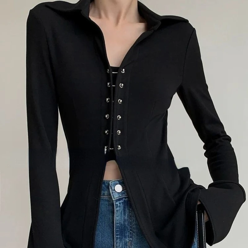 Женские винтажные рубашки MEXZT Y2K уличная одежда с V-образным вырезом Черные блузки