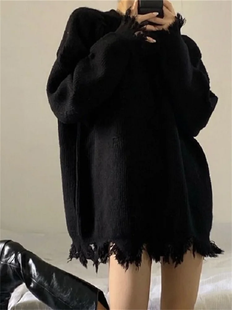 

QWEEK Gothic Style Punk Black Knitted Sweater Women Oversize O-neck Goth Grunge Knit Pullover Korean Fashion Long Sleeve Tops