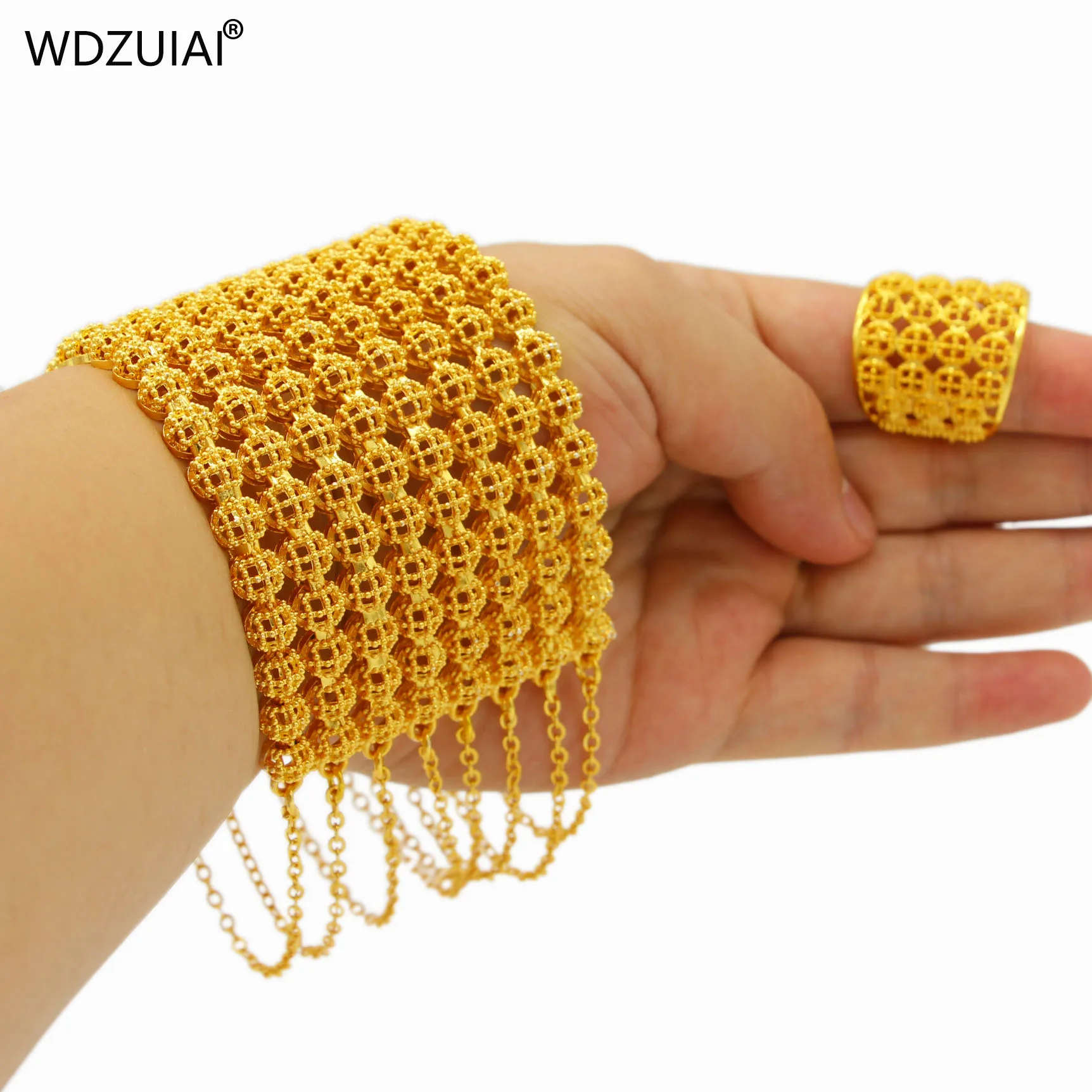 WDZUIAI Дубай яркий золотой цвет кисточки манжета браслет и кольцо набор