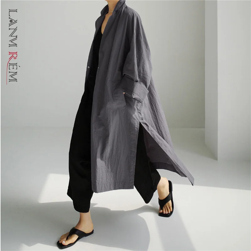 

LANMREM 2022 Autumn New Loose Windbreaker Women Long Sleeve Solid Color One Button Irregular Trench Female Fashion 2W661
