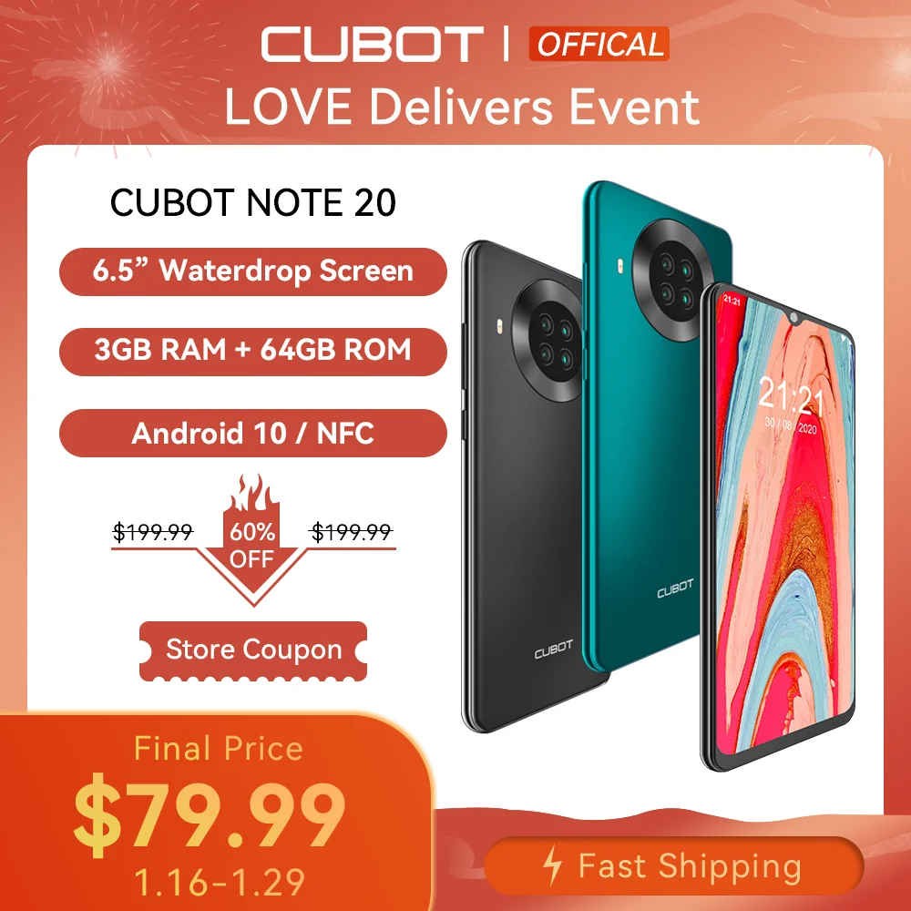 Cubot Note 20 смартфон с 5,5-дюймовым дисплеем, четырёхъядерным процессором, ОЗУ 3 ГБ, ПЗУ 64 ГБ, 6,5 мАч, Android 10