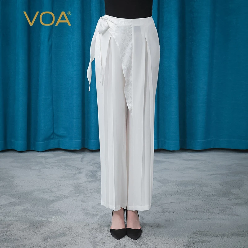 

VOA 30m/m Heavyweight Silk Asymmetrical Jacquard Three-dimensional Decorative Fold Loose Literary Wide-leg Pants In Summer KE387