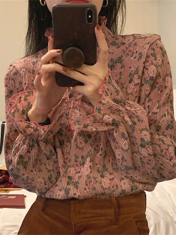 

Женская винтажная блузка с длинным рукавом и воротником-стойкой