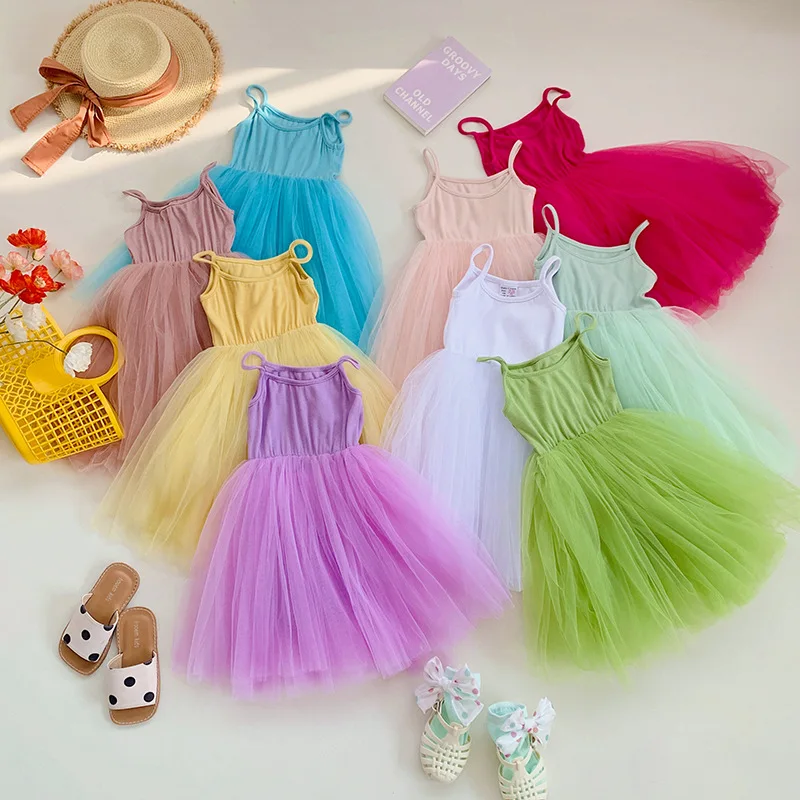 

Baby Girls for 2023 New Summer Vest Dress Sling Tulle Princess Dress 2-6 Years Kids Birthday Wedding Tutu Party Children Vestido