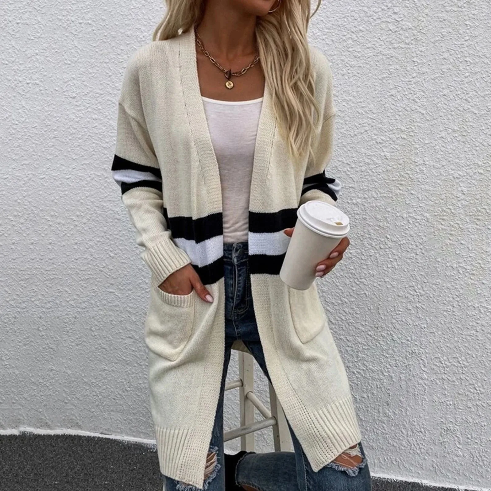 

Женский Повседневный Вязаный Кардиган с длинным рукавом, свободный элегантный теплый Свитер оверсайз с открытой передней частью, вязаное п...