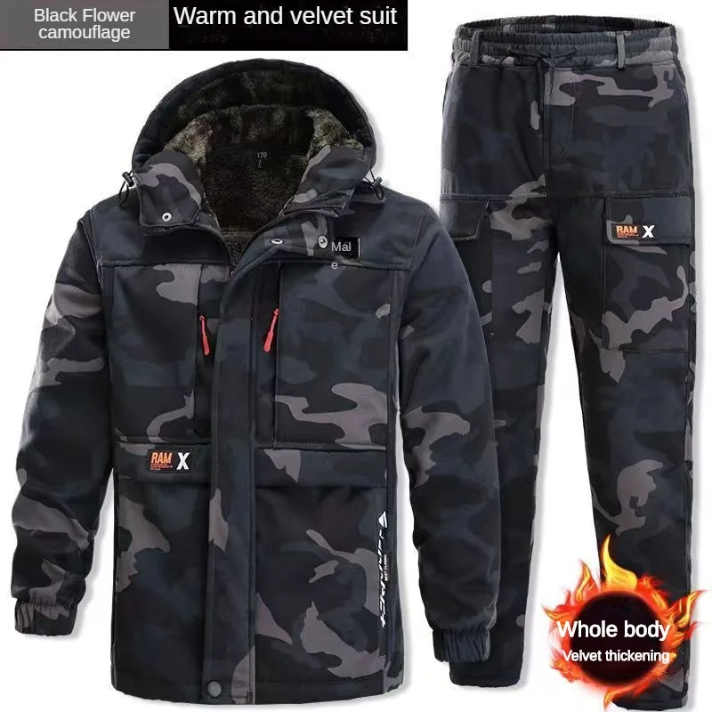 Winter Men's Work cloth Plush Thickened Wear-resistant Construction Camouflage Suit Warm And Cold Proof Labor Protection Suit