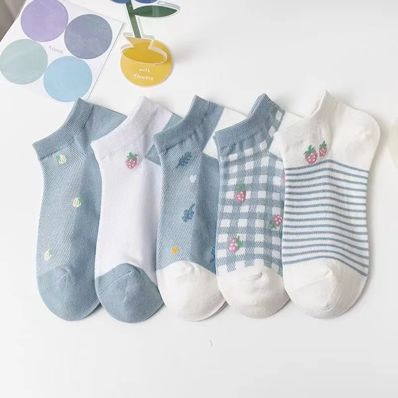5 Pairs Cute Women Socks Harajuku Polyester Cotton Low Tube Women's Socks Summer Casual Breathable Japanese Style Cartoon Socks