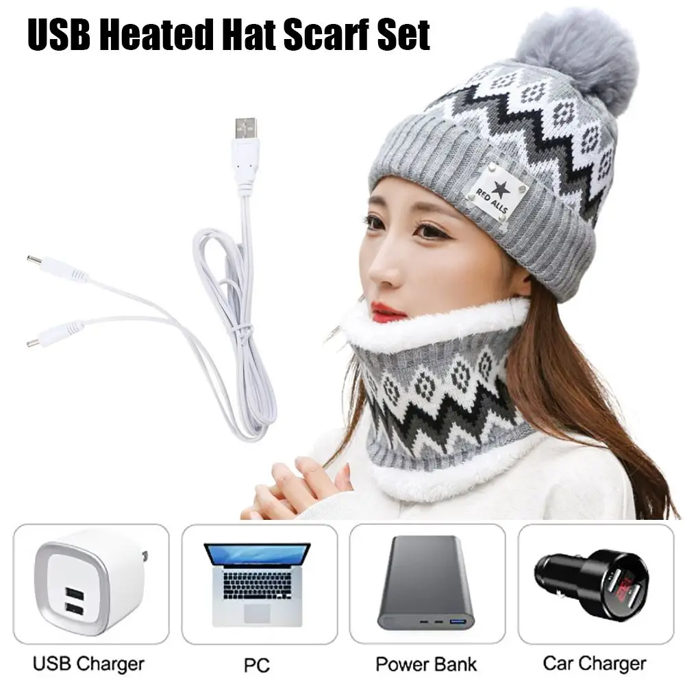 

Модная теплая зимняя шапка с помпоном, Вязаная Шапка-бини, шапка-шарф с подогревом для шеи, набор с USB-подогревом