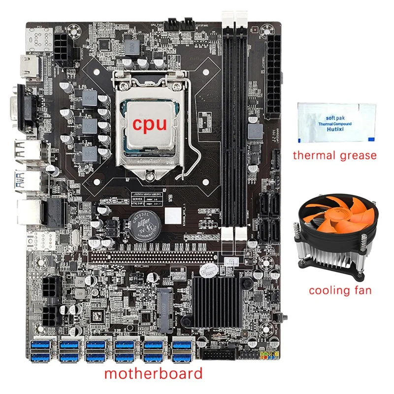 

B75 12 GPU Mining Motherboard+CPU+Cooling Fan+Thermal Grease 12 USB3.0 To PCIE1X LGA1155 2XDDR3 Slot SATA3.0 For BTC/ETH