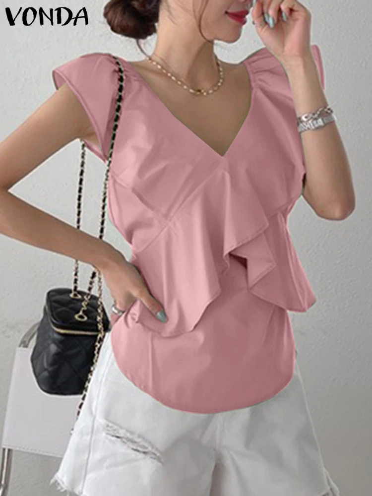 

OL Lady Office Shirts Women Elegant V Neck Tops Women 2023 Summer Fare Sleeve Ruffle Blouse Sexy Beach Holiday Casual Shirts